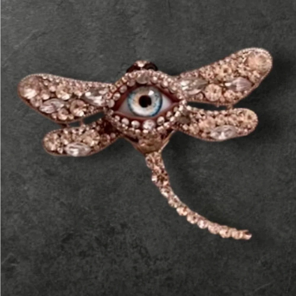 Dragonfly & Eye of Protection Brooch Pendant Handmade Glass Iris & Rhinestones